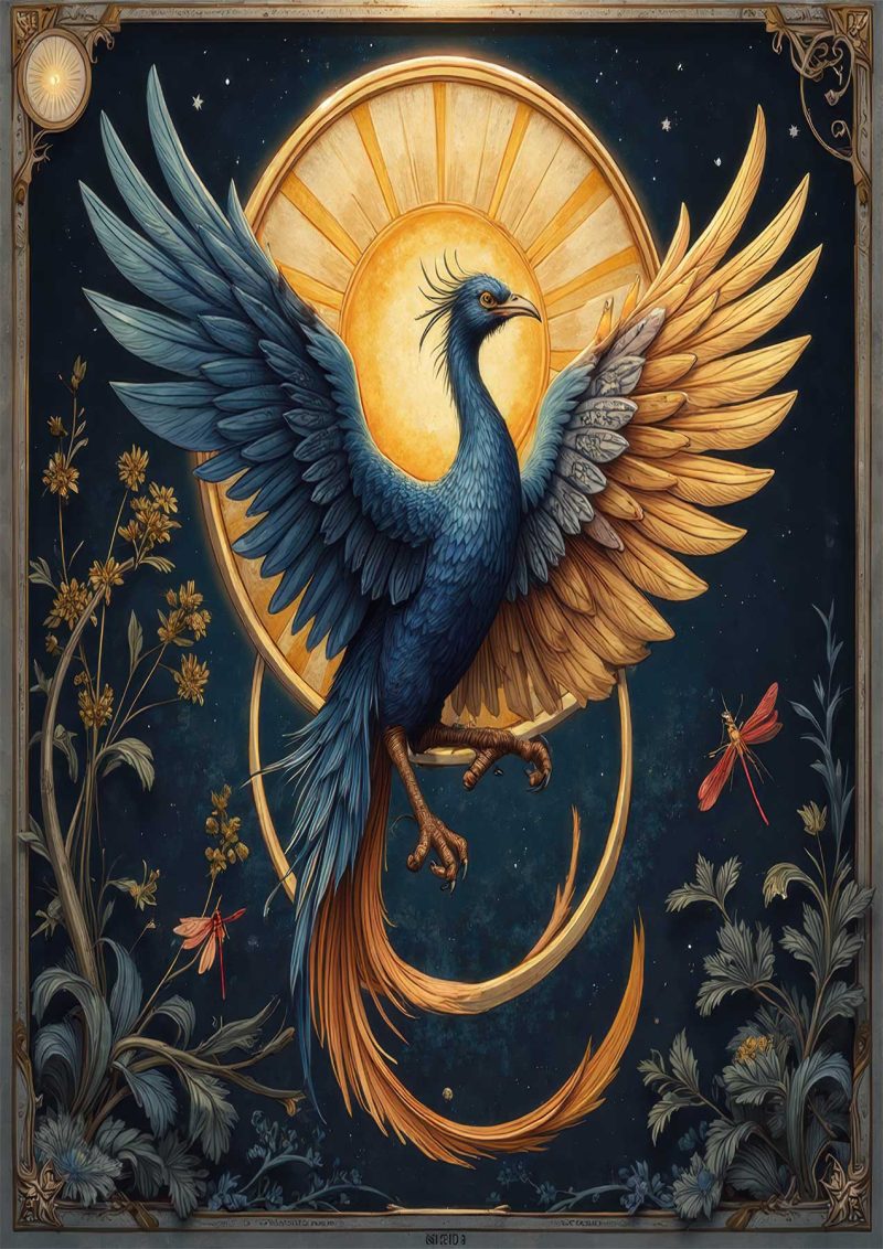 a majestic blue and gold bird soaring before a sunburst—ideal for fantasy and nature art lovers.