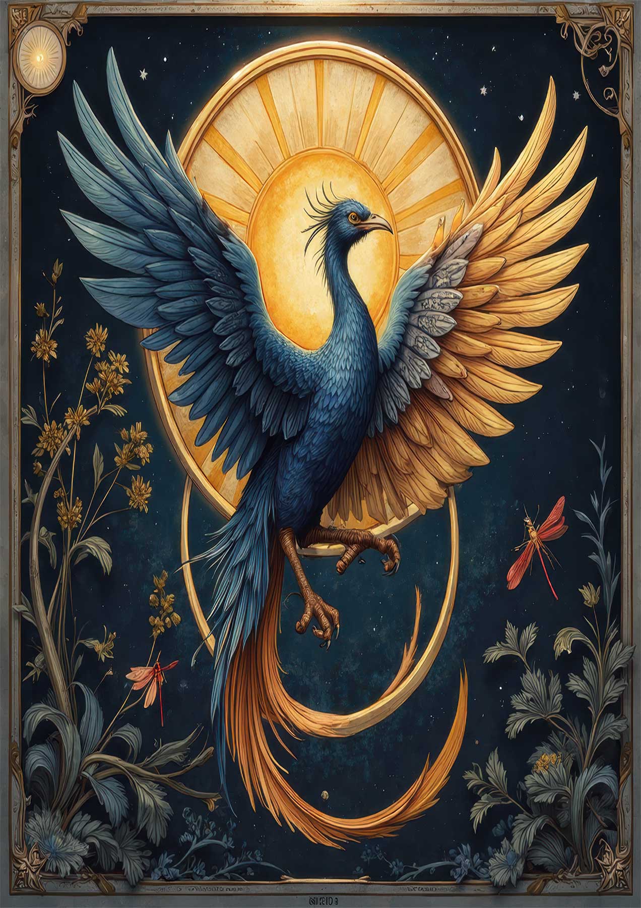 sunborn sentinel, celestial bird art, fantasy paper tole, 3D bird design, tole king, blue gold bird, sun motif, radiant bird