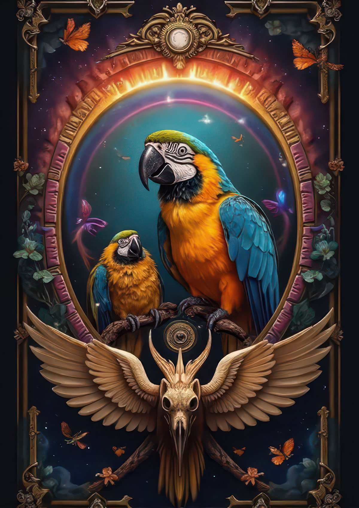 macaw group, parrot print, paper tole, tropical bird decor, fantasy parrot art,