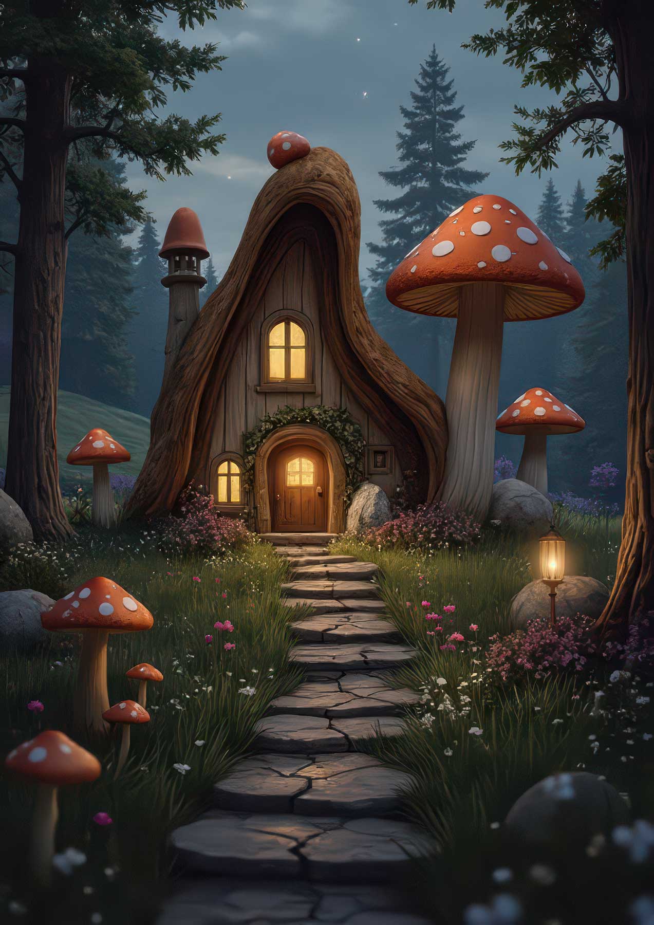 A cozy twilight series of glowing mushroom homes nestled in enchanting woodland scenes – fairytale magic meets peaceful evening charm.