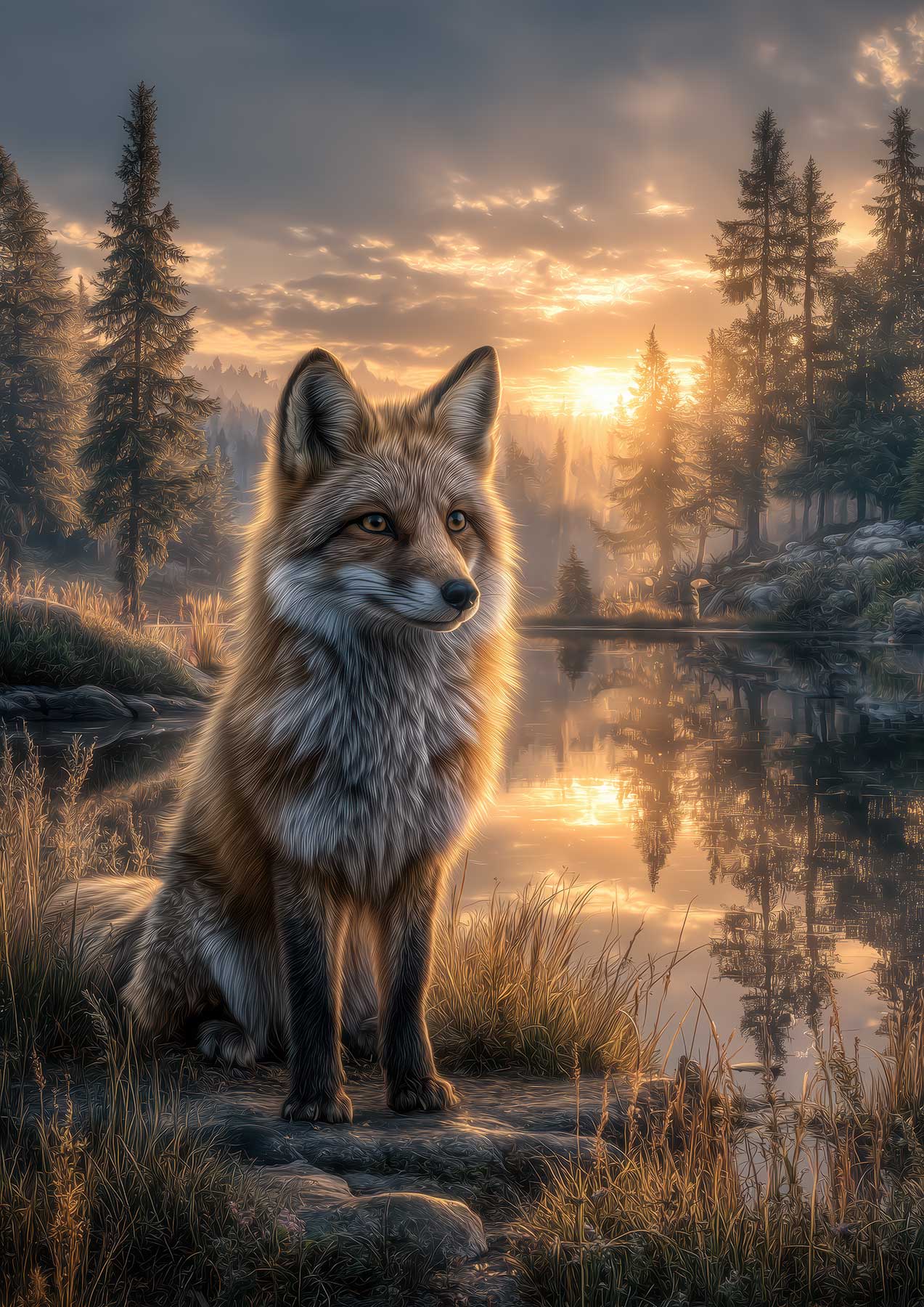 fox, dawn, sunrise forest, reflective water, peaceful animal art, woodland wildlife