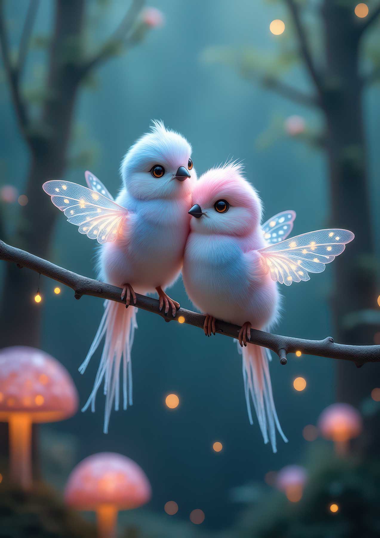 fairy birds, glowing wings, magical forest, twilight scene, enchanted animals, fantasy birds, whimsical art