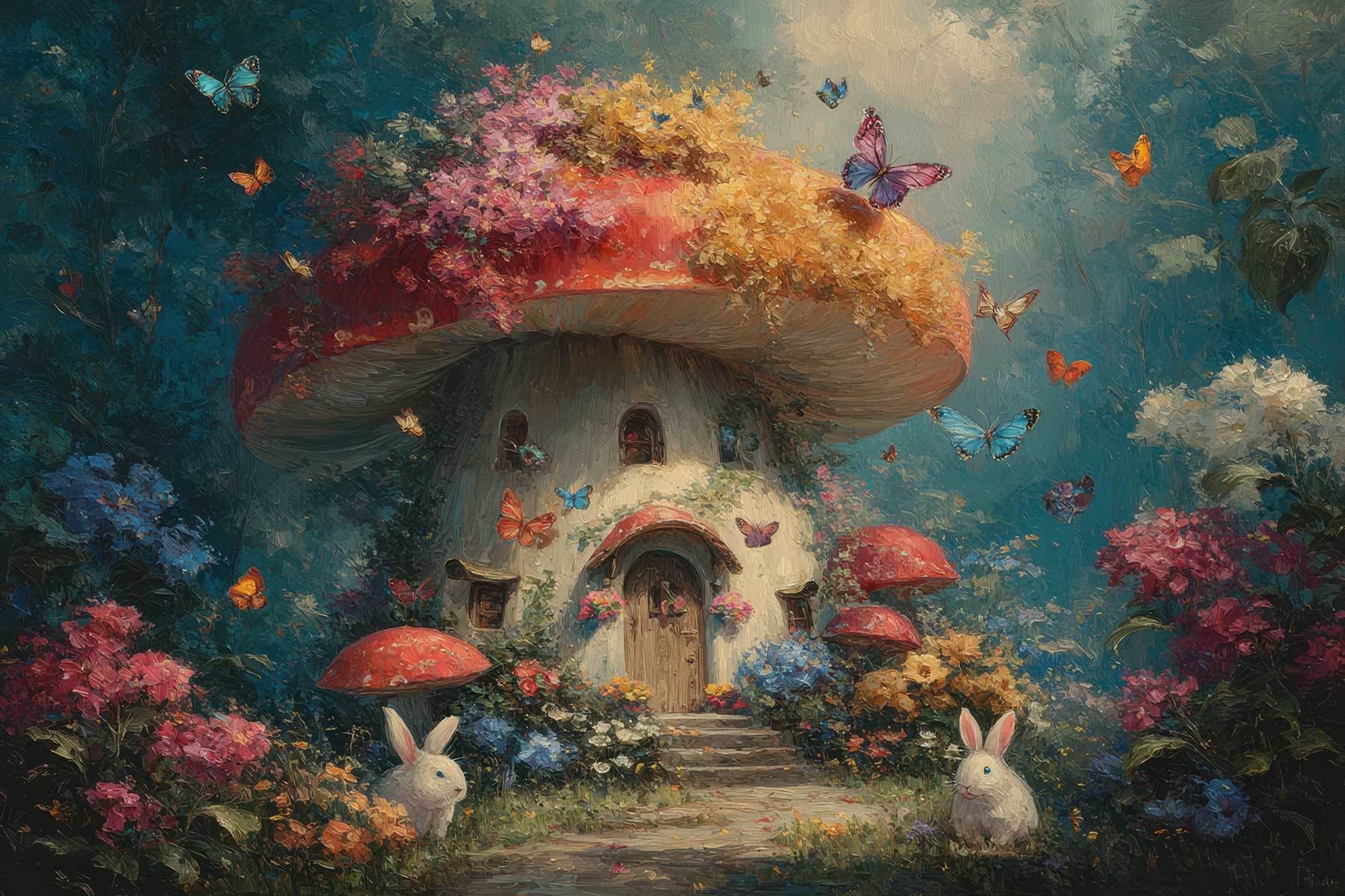 mushroom home, heart door, enchanted, storybook art, butterfly, bunnies, fantasy home, floral, glow, dreamy