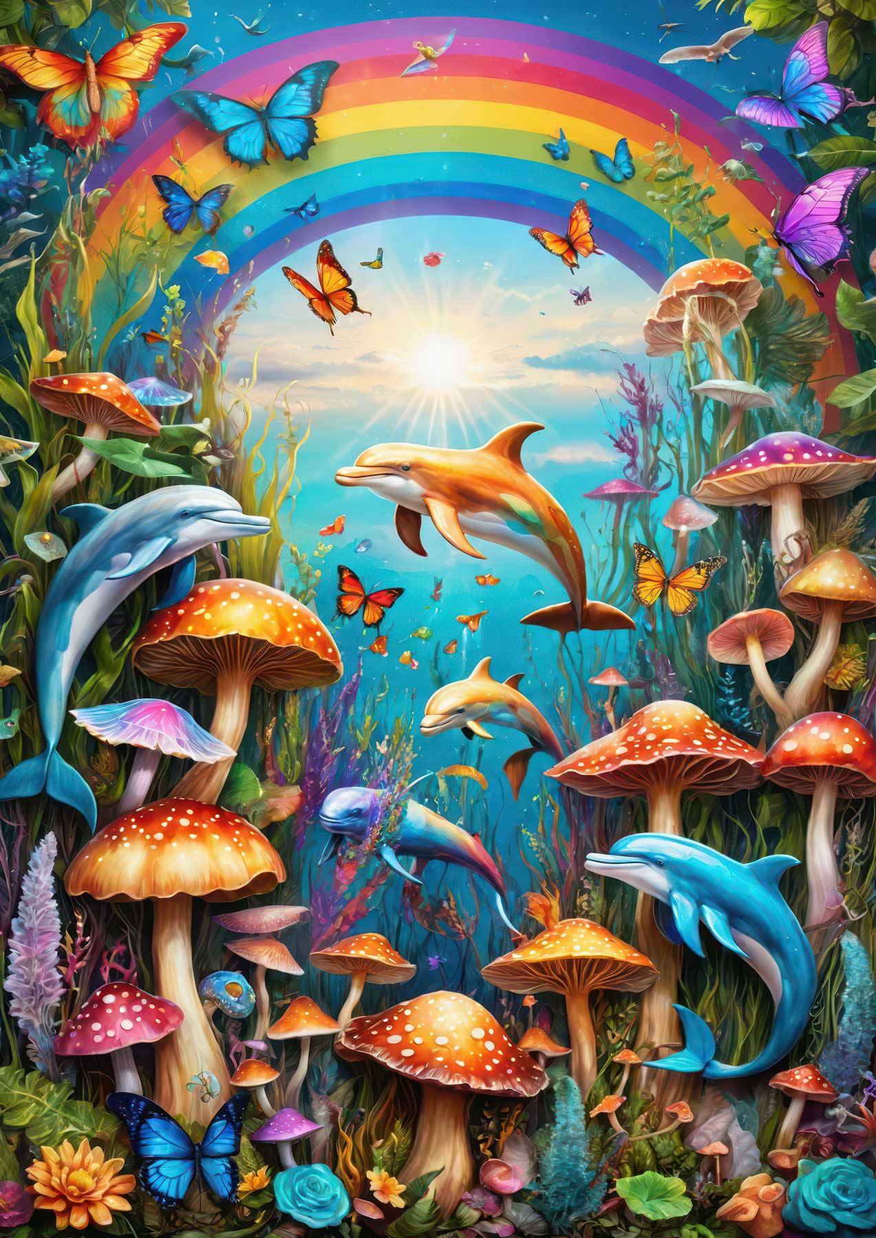 dolphin art, rainbow ocean, fantasy sea life, underwater mushrooms, colorful dolphins, mystical reef
