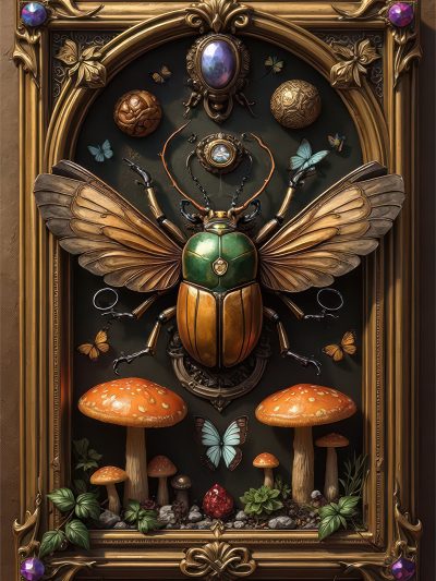 This radiant beetle spreads its wings in a gold-trimmed frame, surrounded by luminous mushrooms, enchanted butterflies, and lush green leaves. An artifact of nature and lore.