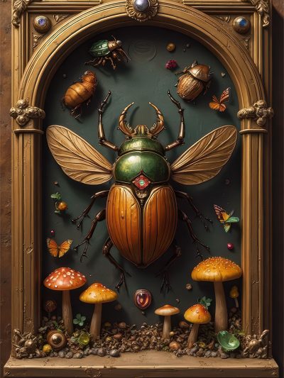 beetle oracle art, fantasy insect icon, bug relic print, gemwing beetle shrine, mushroom and jewel decor, arcane entomology