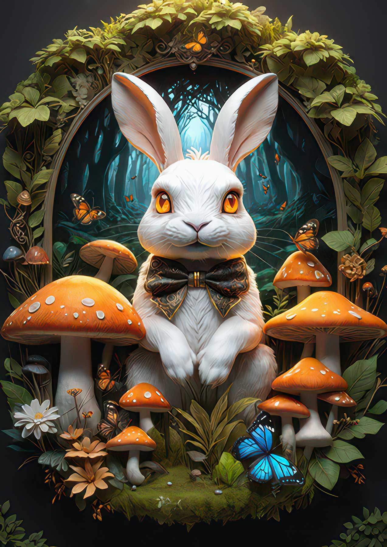 enchanted forest hare, fantasy bunny guardian, glowing mushroom art, woodland rabbit decor, butterfly and bunny print, mystical animal scene