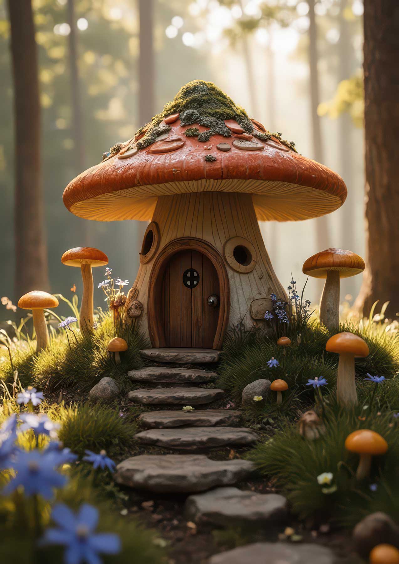 A heartwarming series of mushroom homes glowing in morning light, surrounded by wildflowers and woodland wonder.