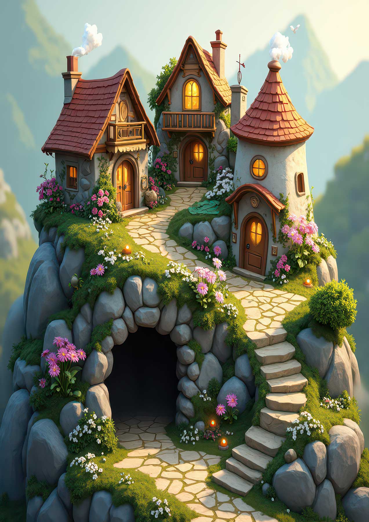 storybook houses, fantasy cottages, mossy rooftops, fairy tale homes, whimsical buildings, hobbit homes, cliff cottages, enchanted dwellings, cozy fantasy art